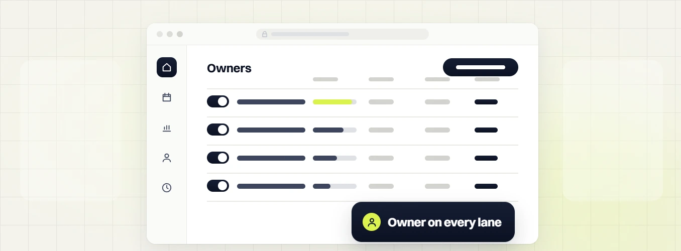 B2B PPC agency owners table with toggled rows and progress bars, labeled owner on every lane