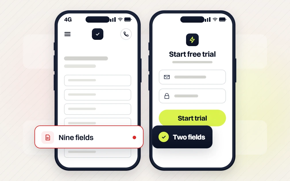 B2B SaaS marketing signup forms on two phones comparing nine fields with a two field start free trial