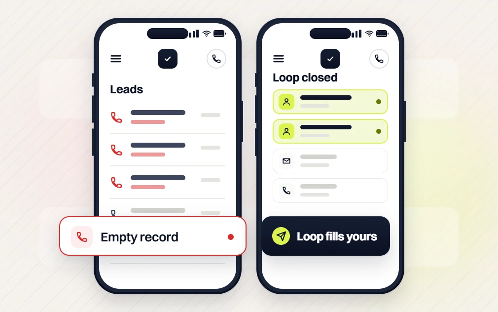 Beauty marketing agency phones comparing a missed call leads list with an empty record and a loop closed list