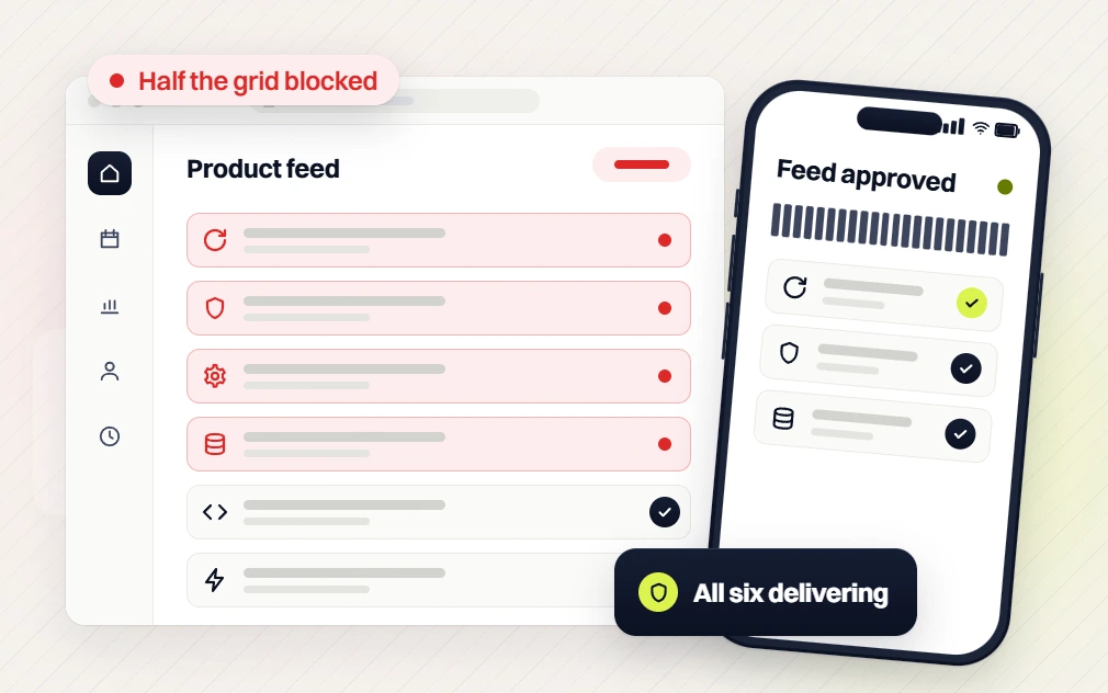 Beauty marketing agency product feed with half the grid blocked and a feed approved screen on a phone