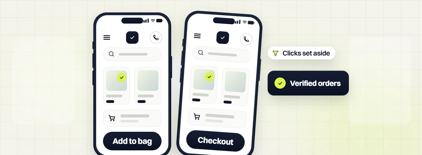 Beauty marketing retainer phones showing Add to bag and Checkout with Clicks set aside and Verified orders tags