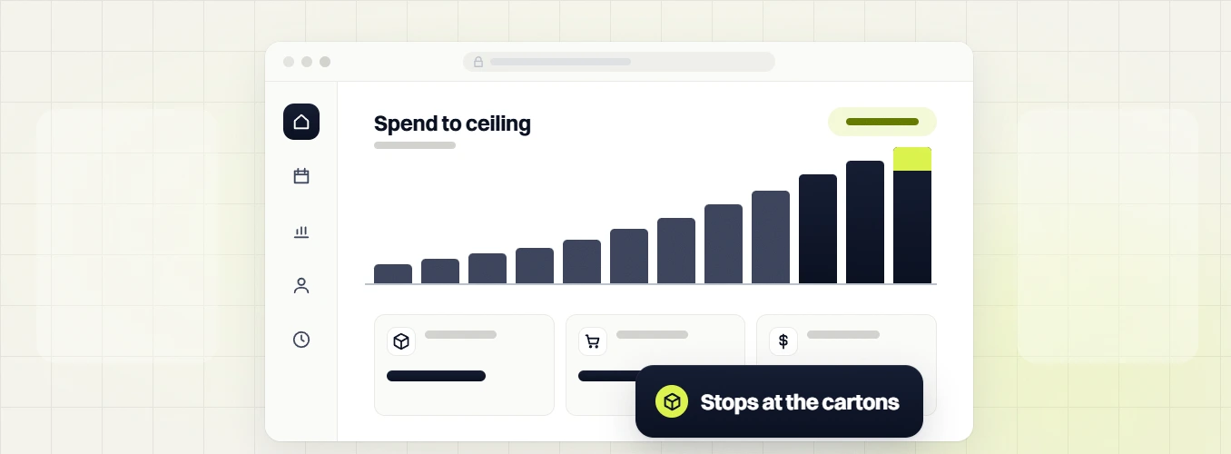Beauty PPC services Spend to ceiling bar chart with package, cart and dollar cards and Stops at the cartons