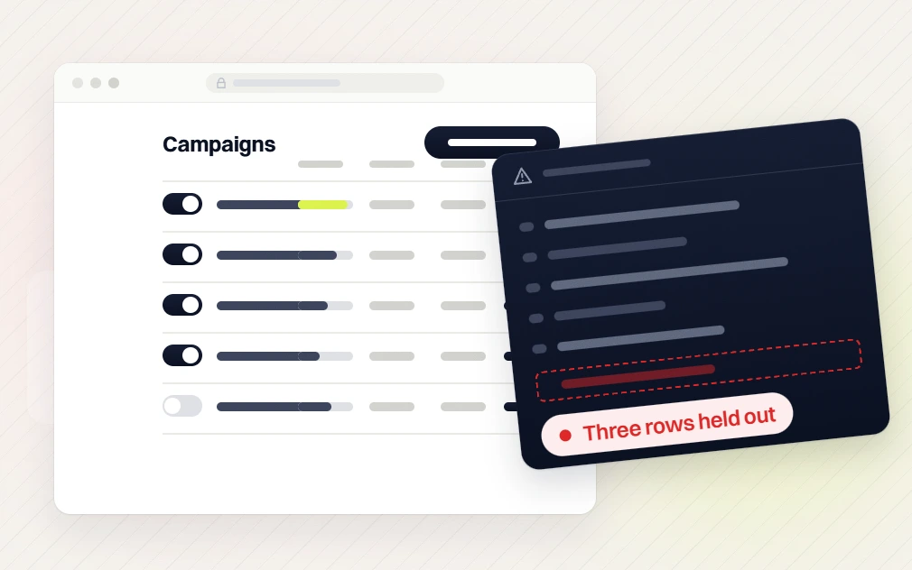Beauty PPC services Campaigns table with a warning panel marking a flagged line and Three rows held out