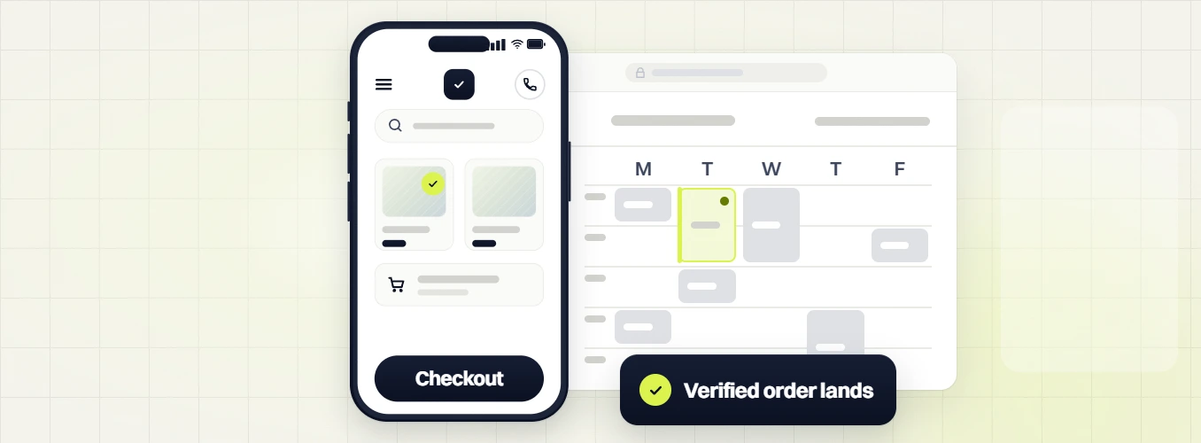Beauty PPC services phone checkout beside a weekday calendar with a highlighted slot and Verified order lands