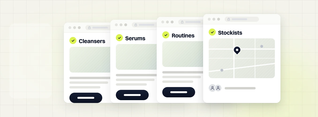 Beauty SEO services checked Cleansers, Serums, Routines and Stockists pages shown as browser windows