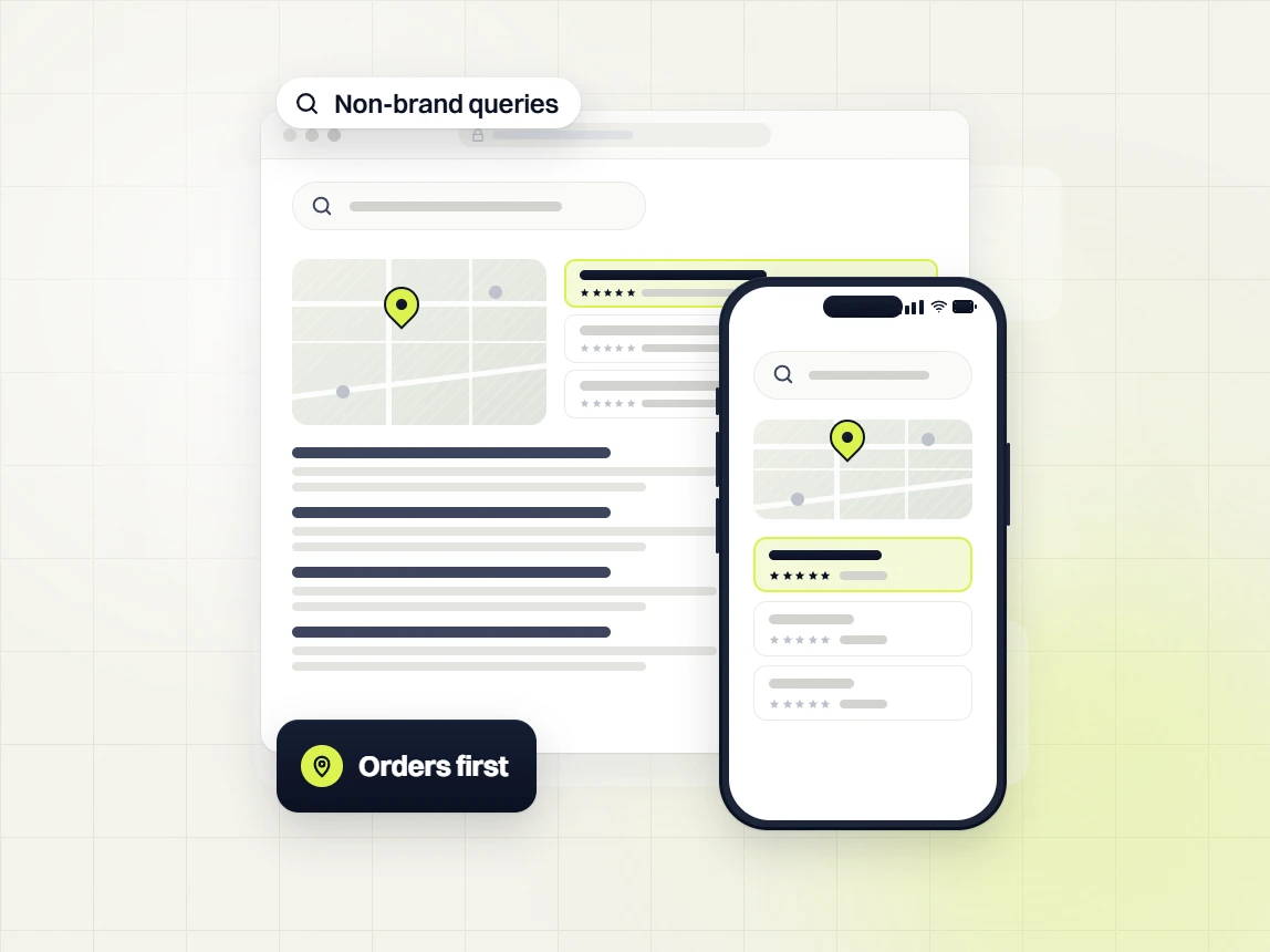 Beauty SEO services search results with a map pin and rated listings, tagged Non-brand queries and Orders first