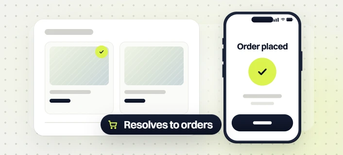 Beauty SEO services product card and phone Order placed screen with a Resolves to orders badge