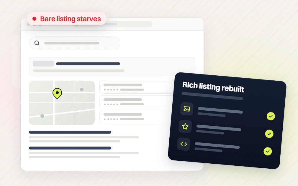 Beauty SEO services results page flagged Bare listing starves beside a Rich listing rebuilt checklist