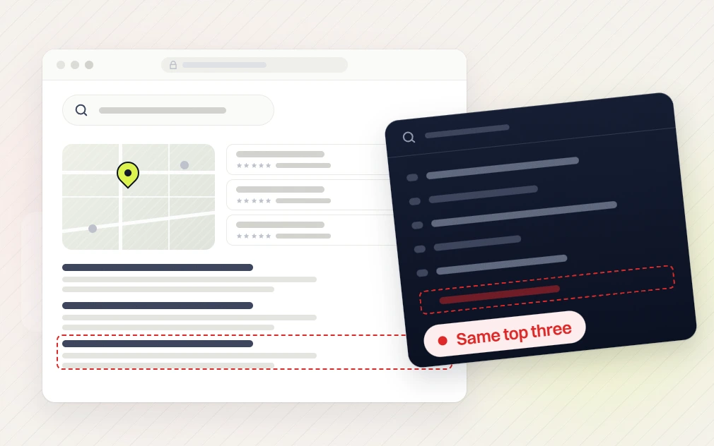 Beauty SEO services search page with a flagged result and a query panel marked Same top three