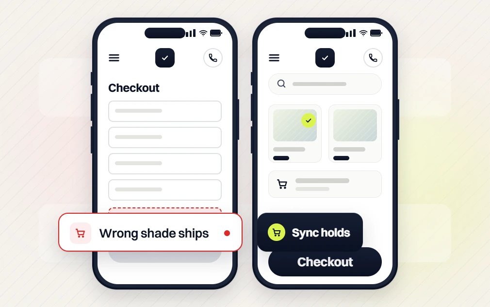 Beauty skincare web design phone Checkout flagged Wrong shade ships beside a phone where the sync holds