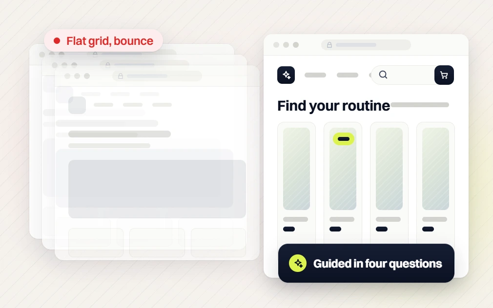 Beauty skincare web design faded pages flagged Flat grid, bounce beside a Find your routine product page