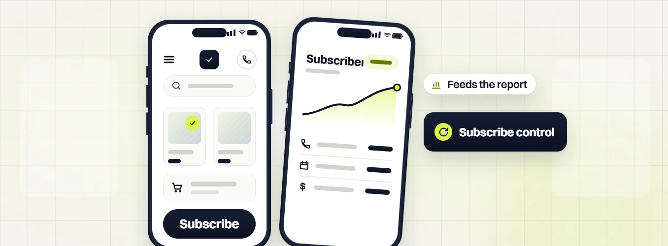 Beauty skincare web design phone with a Subscribe button beside a Subscribers chart, Feeds the report