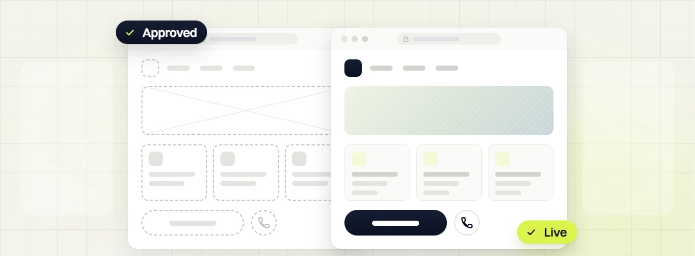 Beauty skincare web design Approved wireframe beside the finished page layout marked Live