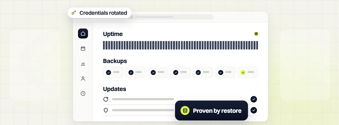 Beauty website maintenance dashboard with Credentials rotated, checked Backups and Proven by restore badge