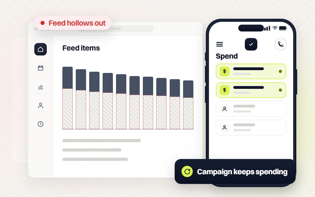 Beauty website maintenance Feed items chart flagged Feed hollows out beside a phone Spend list