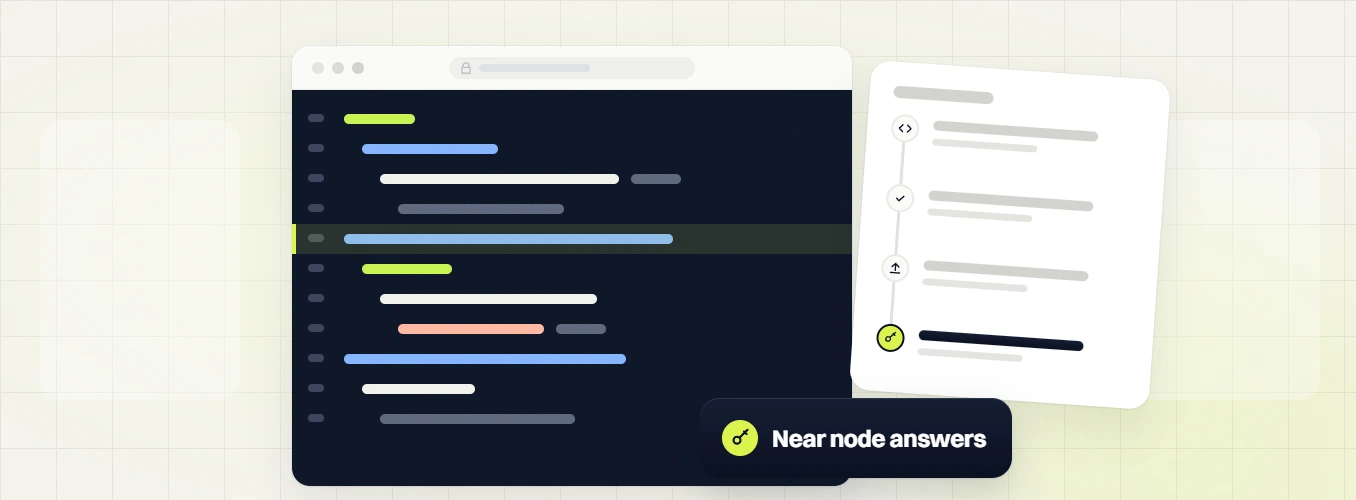Beauty website maintenance code editor beside a deploy step timeline with a Near node answers badge