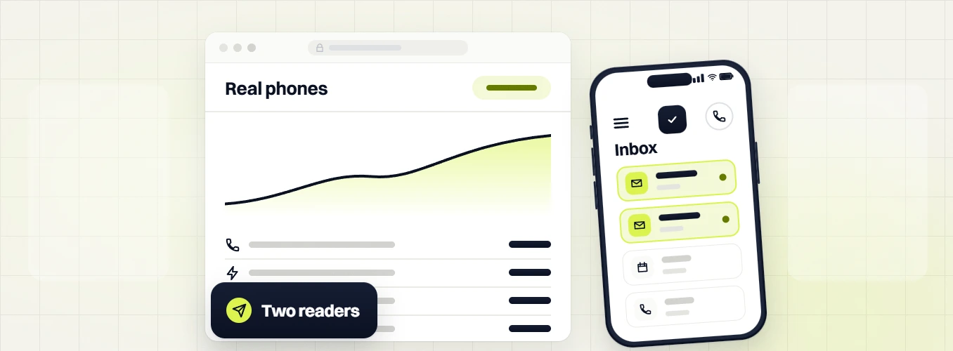 Beauty website maintenance Real phones chart with a Two readers badge beside a phone inbox