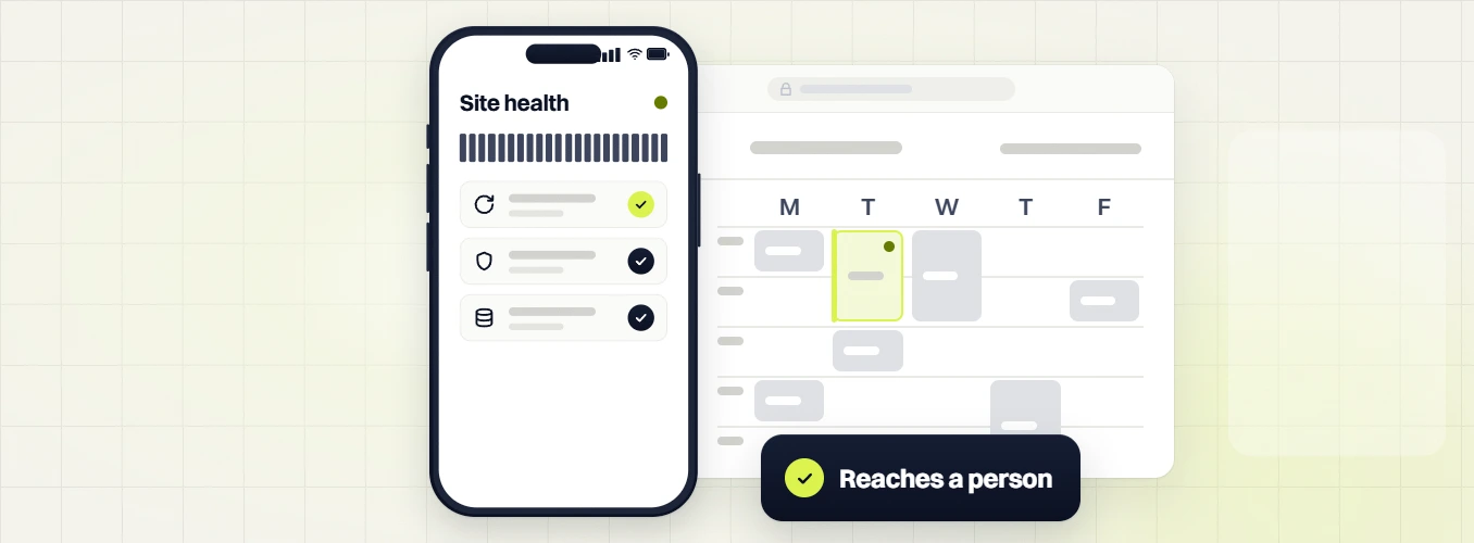 Beauty website maintenance phone Site health screen beside a weekday calendar and a Reaches a person badge