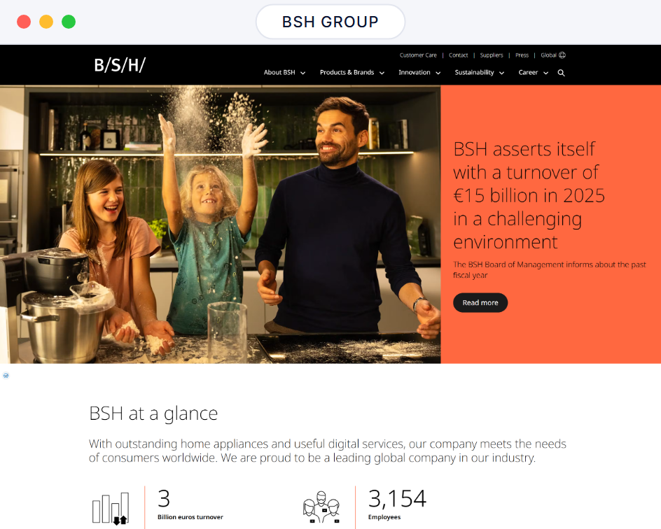 BSH Group website homepage in a browser window, a family cooking together beside the company turnover headline