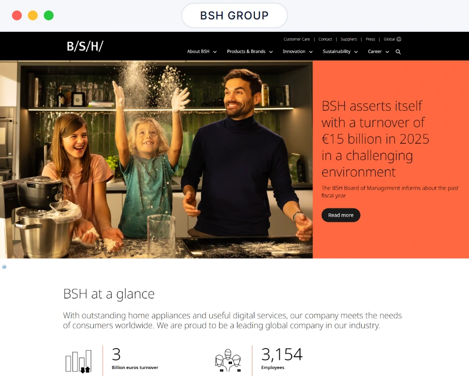 BSH Group website homepage in a browser window, a family cooking together beside the company turnover headline