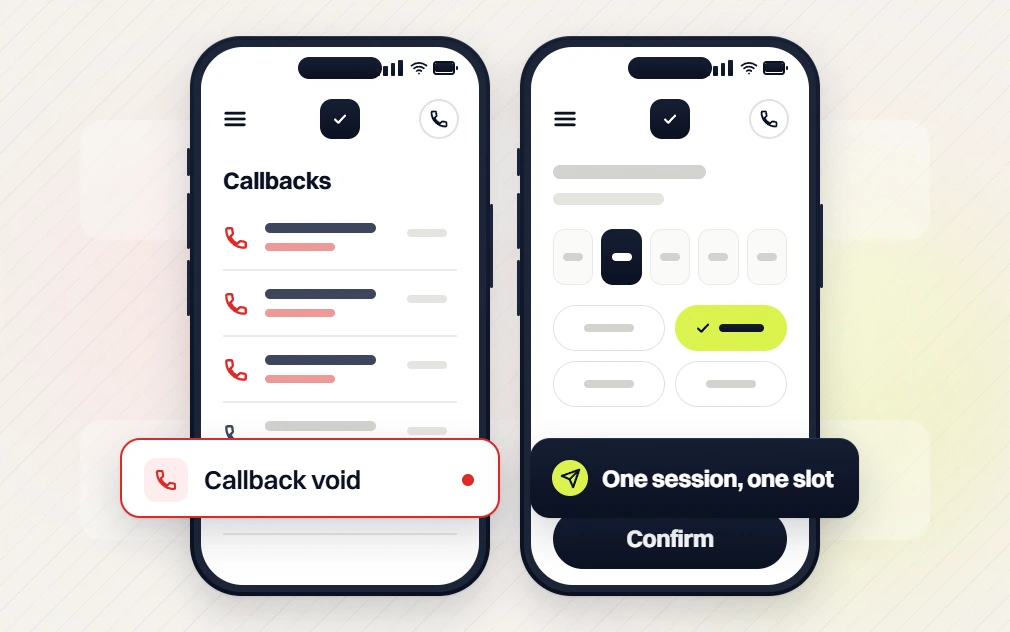 Chiropractor marketing phones comparing a missed callbacks list with a booking screen, one session, one slot