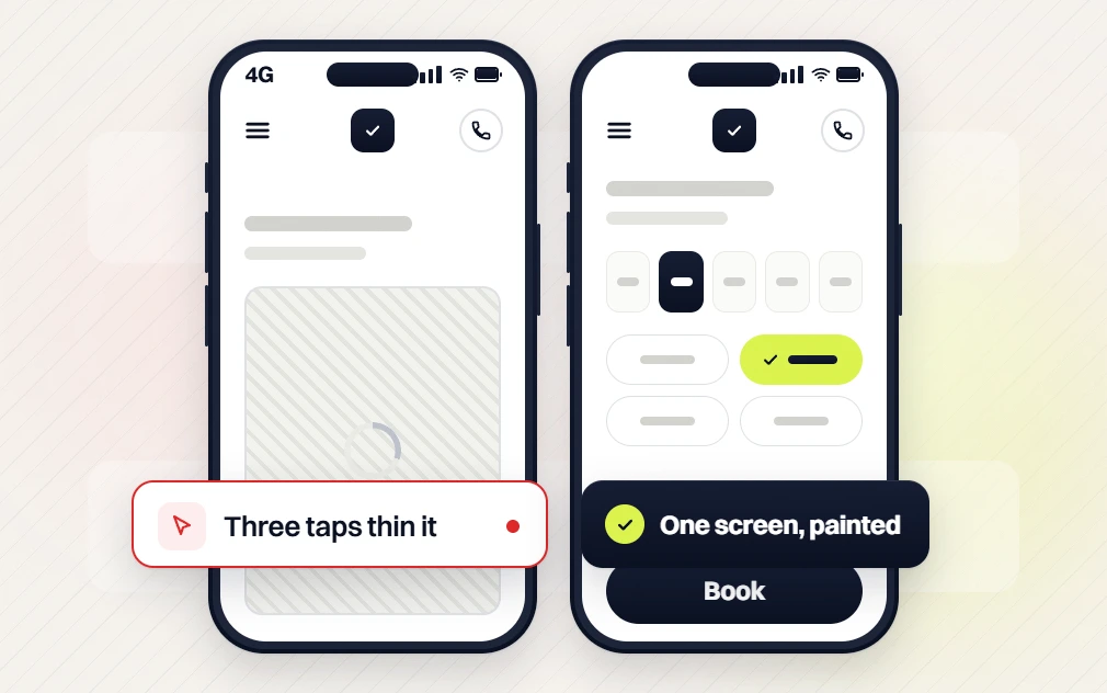 Chiropractor marketing phones comparing a loading page with three taps and a one screen booking form