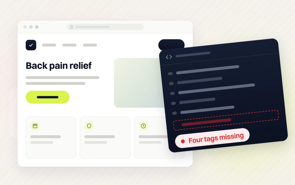 Chiropractor SEO services back pain relief page with a code panel flagging four tags missing