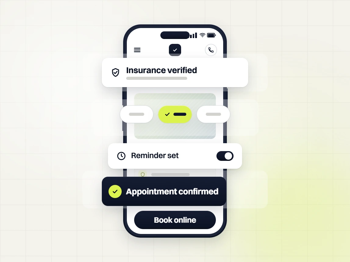 Chiropractor website design phone with insurance verified, reminder set and appointment confirmed cards
