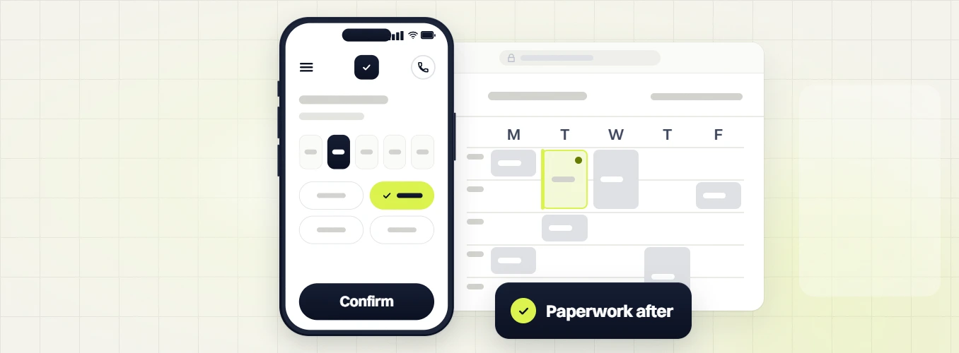 Chiropractor website design booking screen on a phone and a weekly calendar, labeled paperwork after