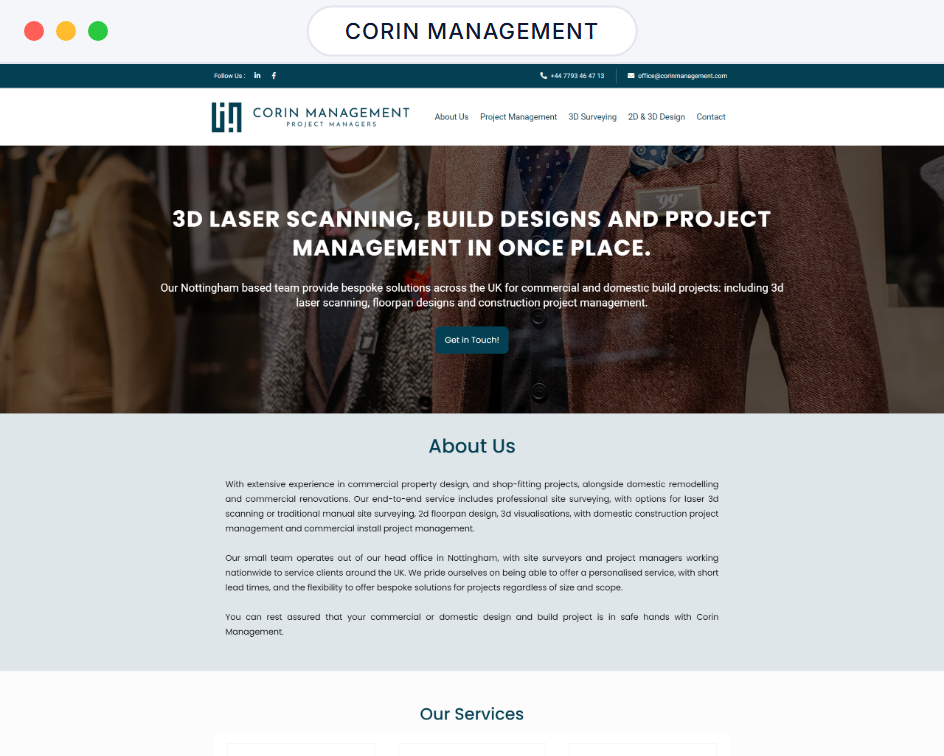 Corin Management website homepage in a browser window, 3D laser scanning, build design and project management services