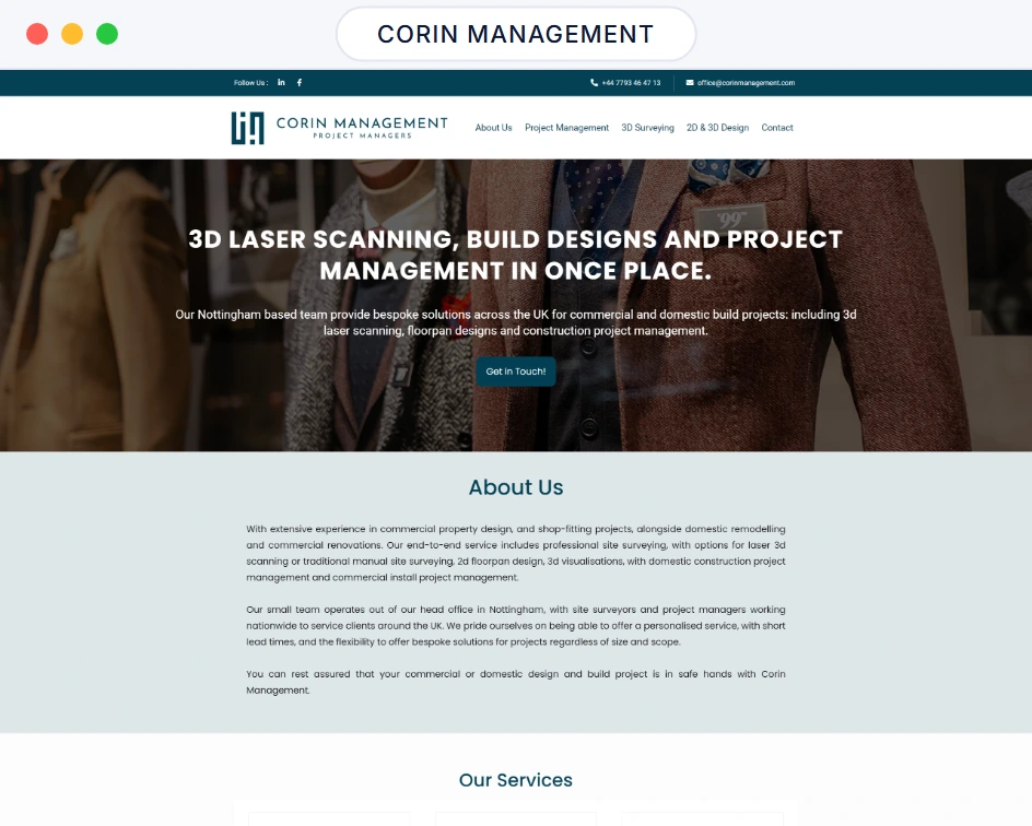 Corin Management website homepage in a browser window, 3D laser scanning, build design and project management services