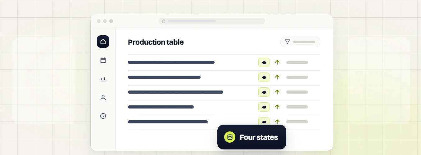 Custom web development services production table with five rows and upward arrows, four states
