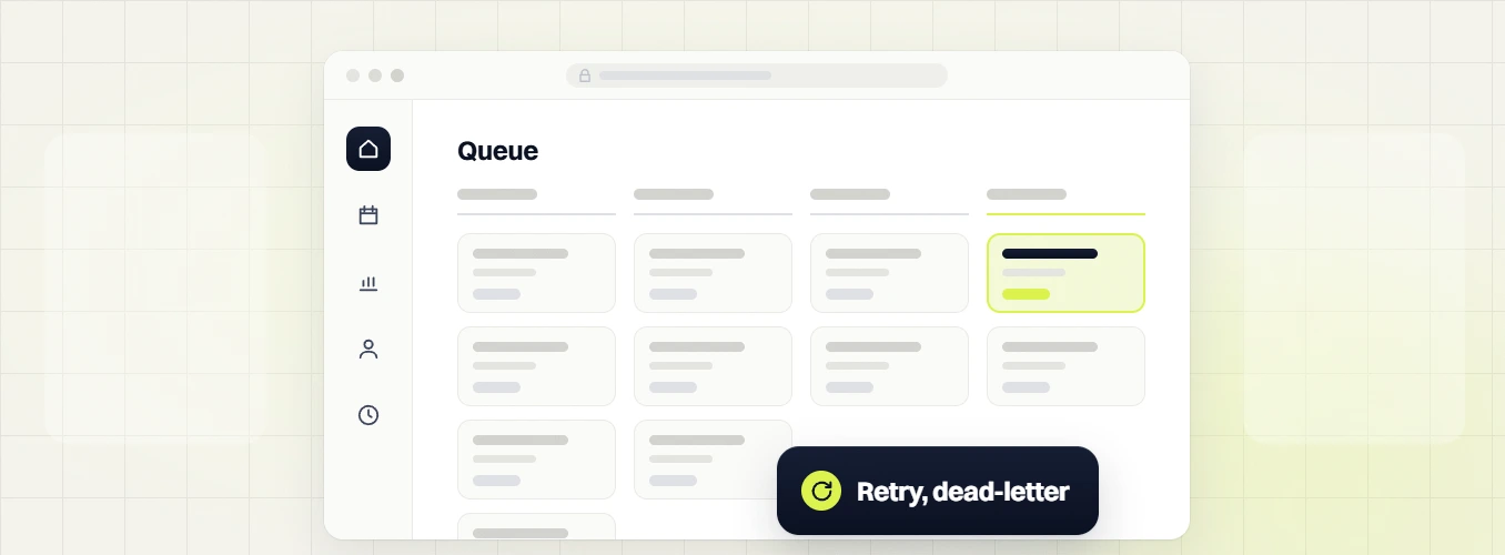 Custom web development services queue board in four columns with one highlighted card, retry, dead-letter