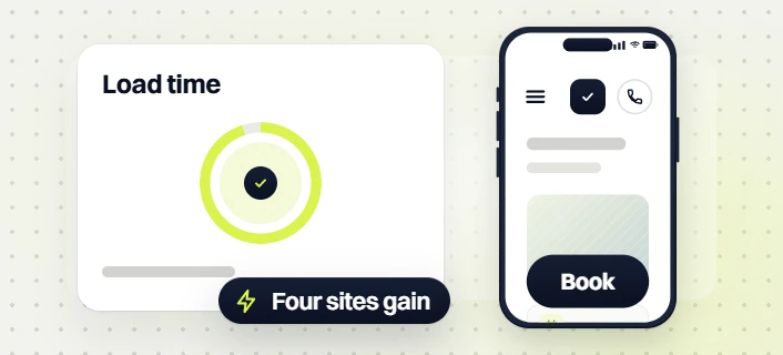 Dental DSO marketing load time gauge with a checkmark beside a phone with click-to-call and Book buttons