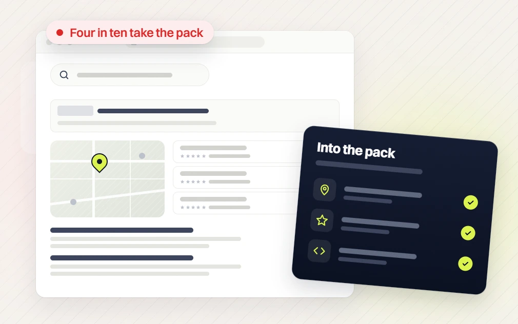 Dental marketing map search results labeled four in ten take the pack, with a checked into the pack card
