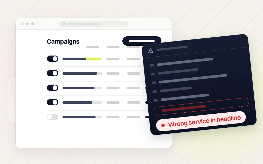 Dental PPC services campaigns list with a warning panel flagging the wrong service in headline