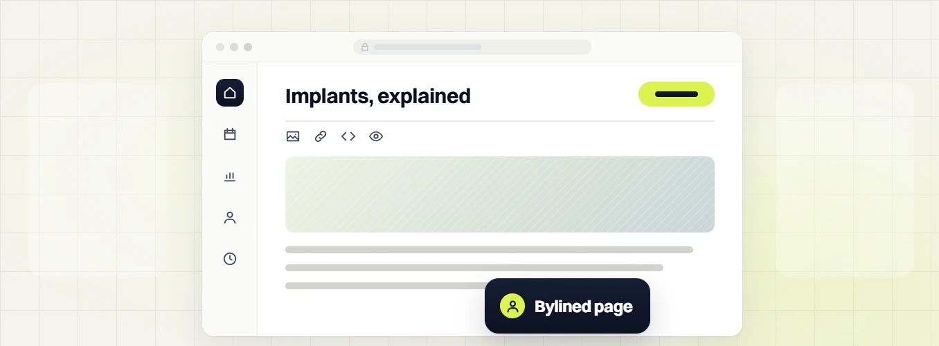Dental SEO services implants, explained page editor with image, link, code and preview tools, bylined page