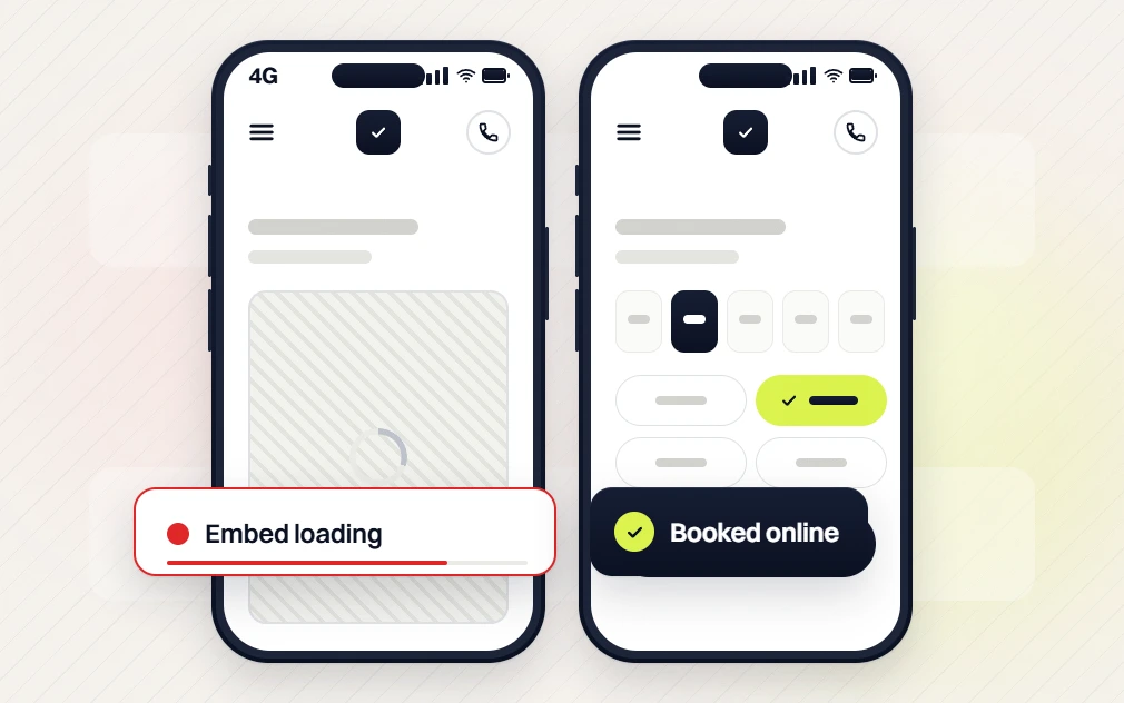 Dental website design phones comparing a slow embed loading with a time picker booked online
