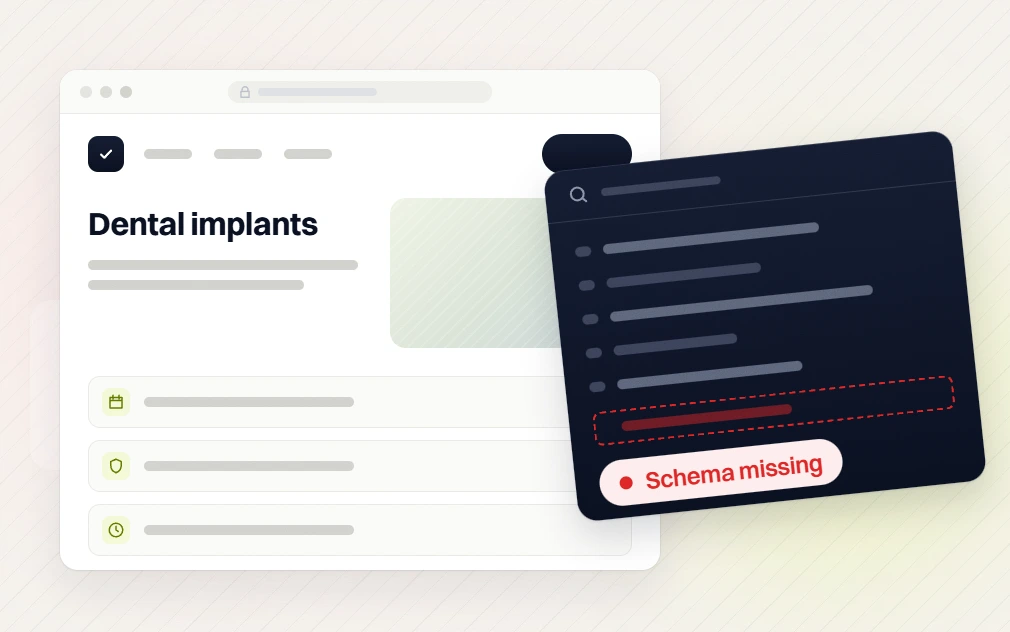 Dental website design implants page with a code panel flagging a dashed line as schema missing