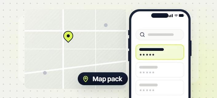 Dental website design map with a pin beside a phone search showing the top five star listing, map pack