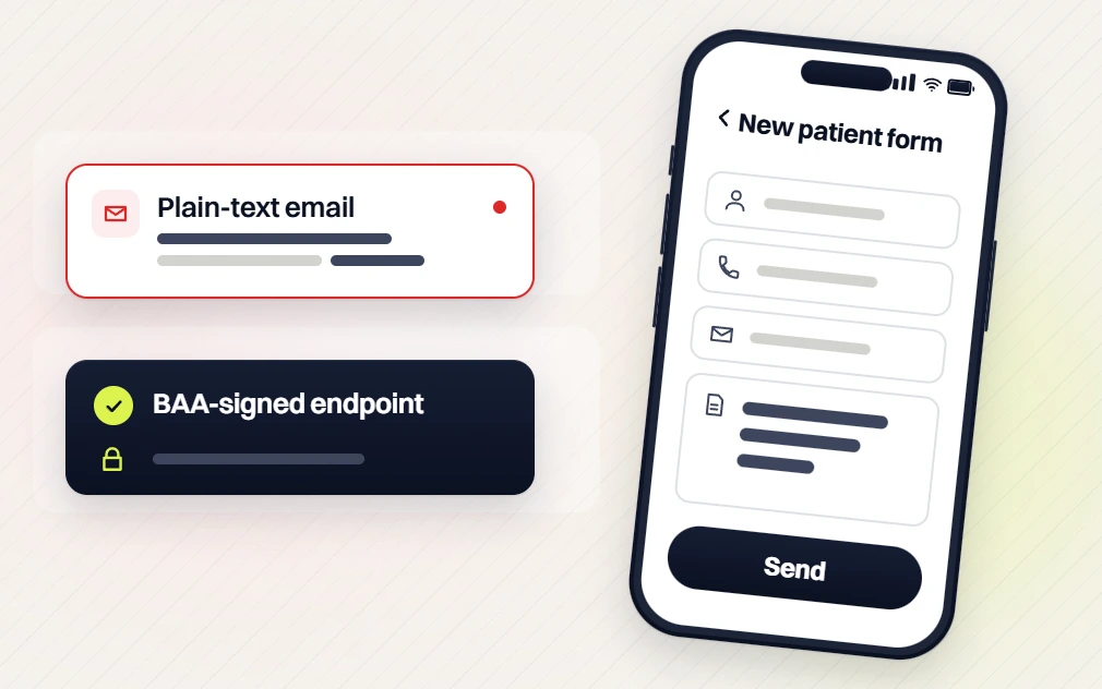 Dental website design new patient form on a phone, plain-text email flagged, BAA-signed endpoint checked