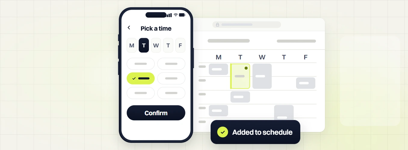 Dental website design phone Pick a time screen with Confirm beside a weekly calendar, added to schedule
