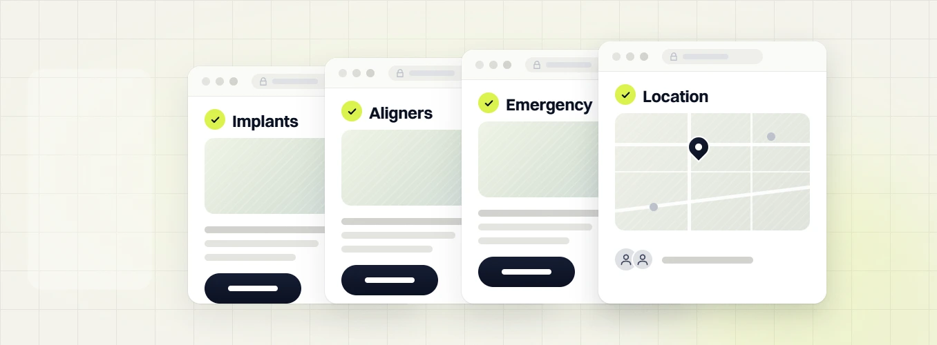 Dental website design Implants, Aligners, Emergency and Location pages, each checked, the last with a map
