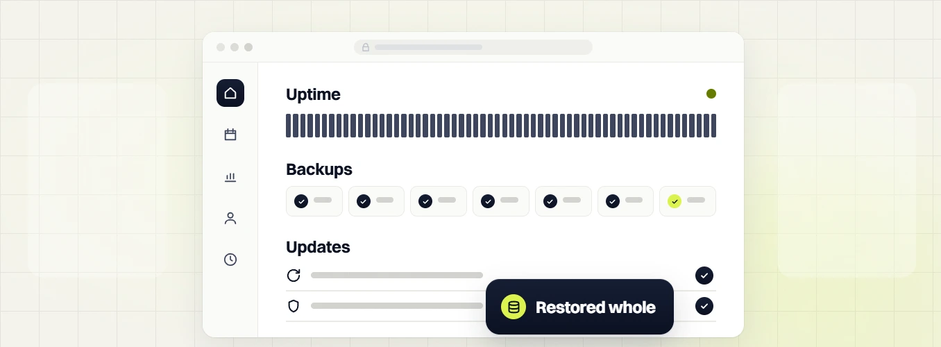 Dental website maintenance dashboard with uptime, seven checked backups and updates, restored whole