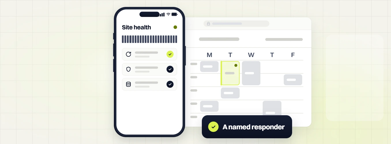 Dental website maintenance phone site health view beside a weekly calendar, a named responder