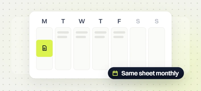 Dental website maintenance weekly calendar with a report sheet on Monday, same sheet monthly