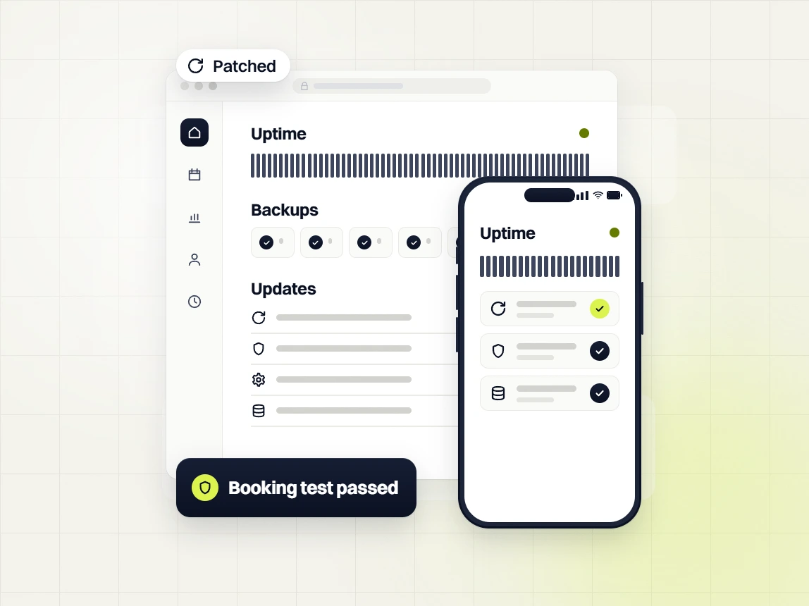 Dental website maintenance dashboard with uptime, backups and updates, patched, and booking test passed