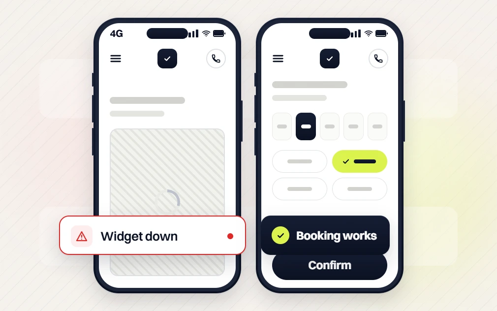 Dental website maintenance phones comparing a booking widget down with a time picker where booking works