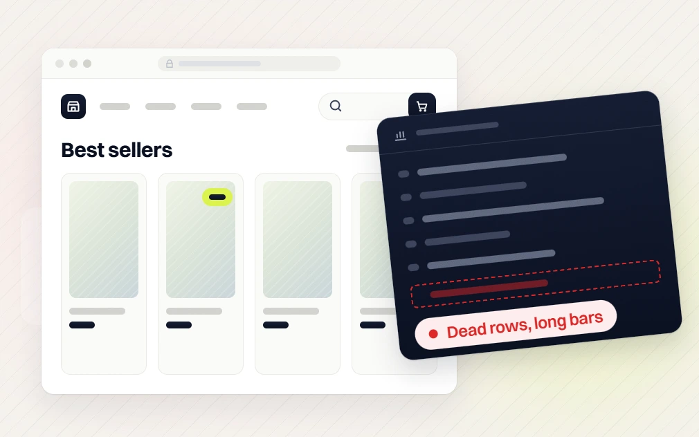 Ecommerce marketing agency best sellers store page with a report panel flagging dead rows, long bars