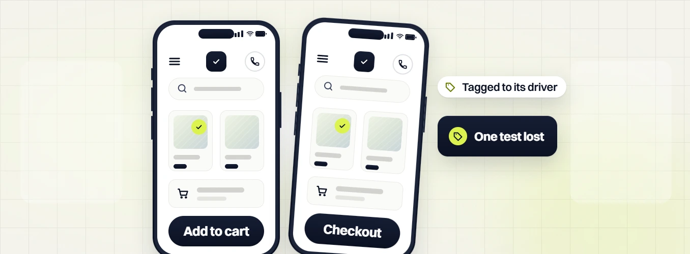 Ecommerce marketing retainer add to cart and checkout screens tested, one test lost, tagged to its driver